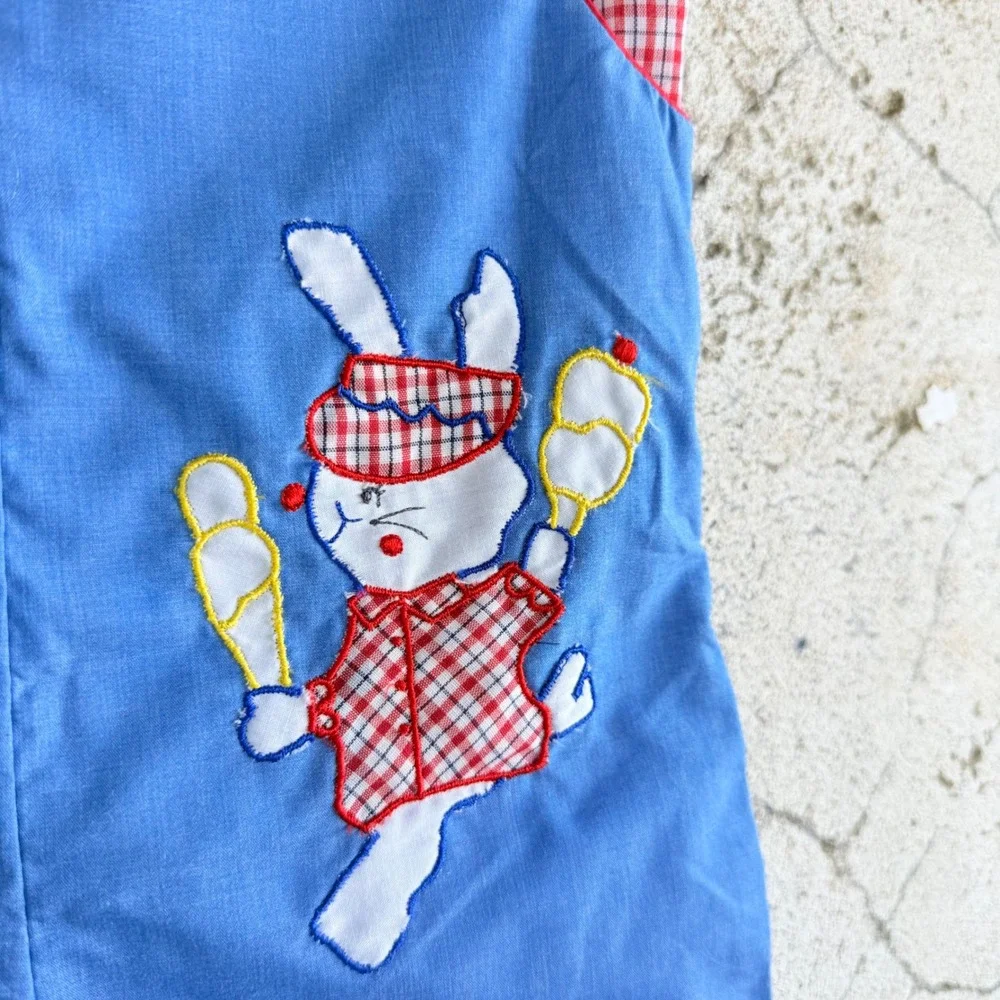 Vintage Overall Romper Gingham Shirt Set‎ Embroidered Bunny Playsuit 18 Months